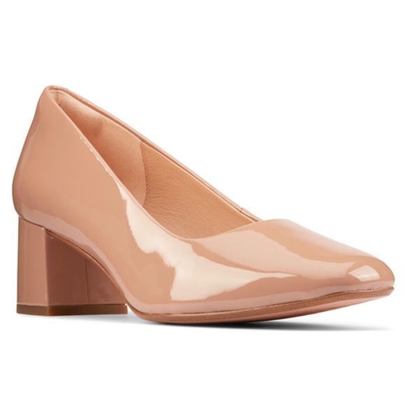 Clarks Sheer 55 Praline Patent Court Shoes Nude Leather Block Heel Pumps 7.5 - Picture 2 of 16